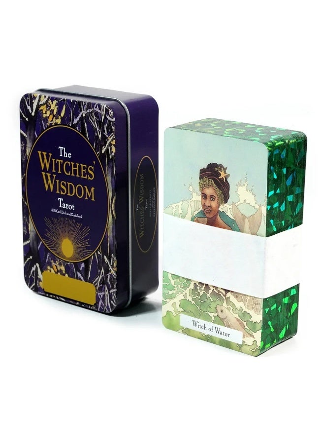 NIBEMINENT 10.3 * 6 cm Witch's Wisdom Tarot Card Set (packaged in a tin box with green gold edges) Includes 78 Tarot cards and an introductory guidebook - Image 1