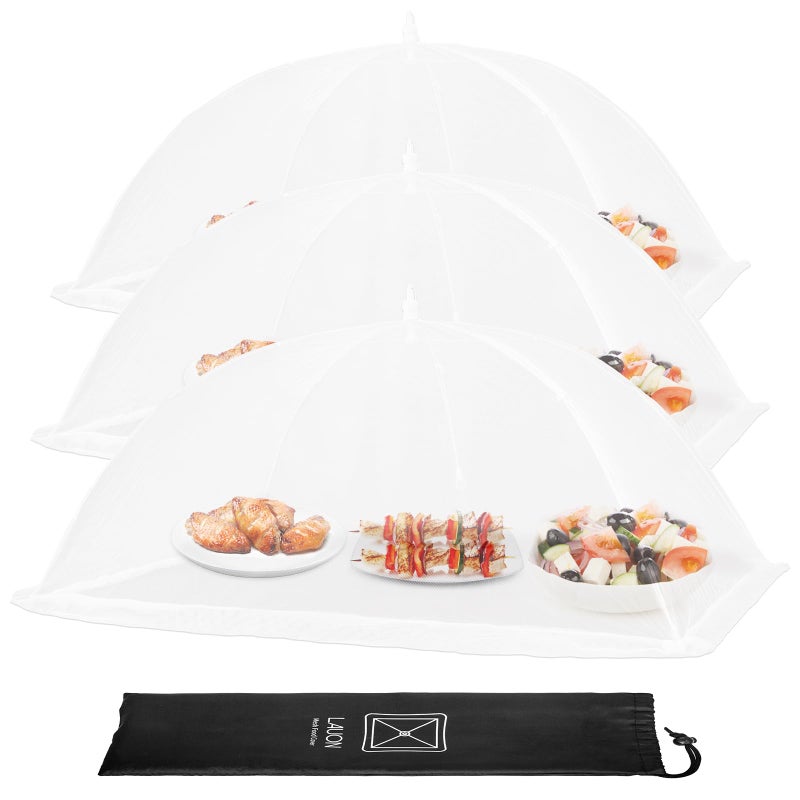 Lauon Extra Large Food Cover, 3 Jumbo (40"X23.7"), White Mesh Plate Serving Tents, Pop-Up Umbrella Screen Tents, Patio Net for Outdoor Camping, Picnics, Parties, BBQ, Collapsible and Reusable - Image 1