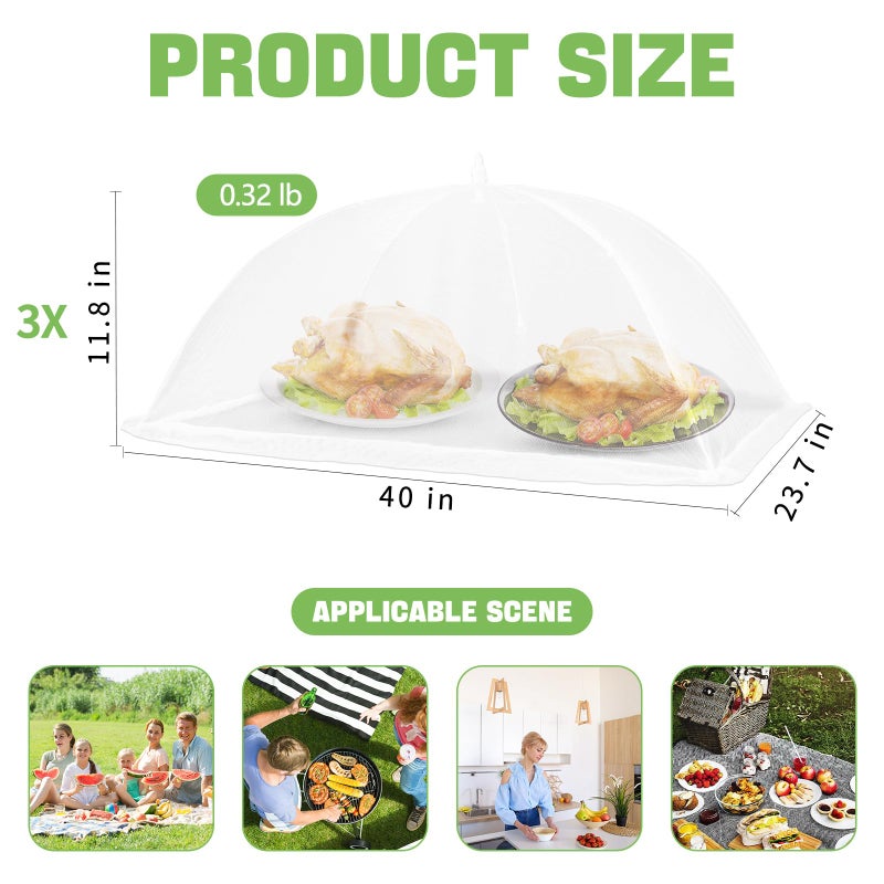 Lauon Extra Large Food Cover, 3 Jumbo (40"X23.7"), White Mesh Plate Serving Tents, Pop-Up Umbrella Screen Tents, Patio Net for Outdoor Camping, Picnics, Parties, BBQ, Collapsible and Reusable - Image 2