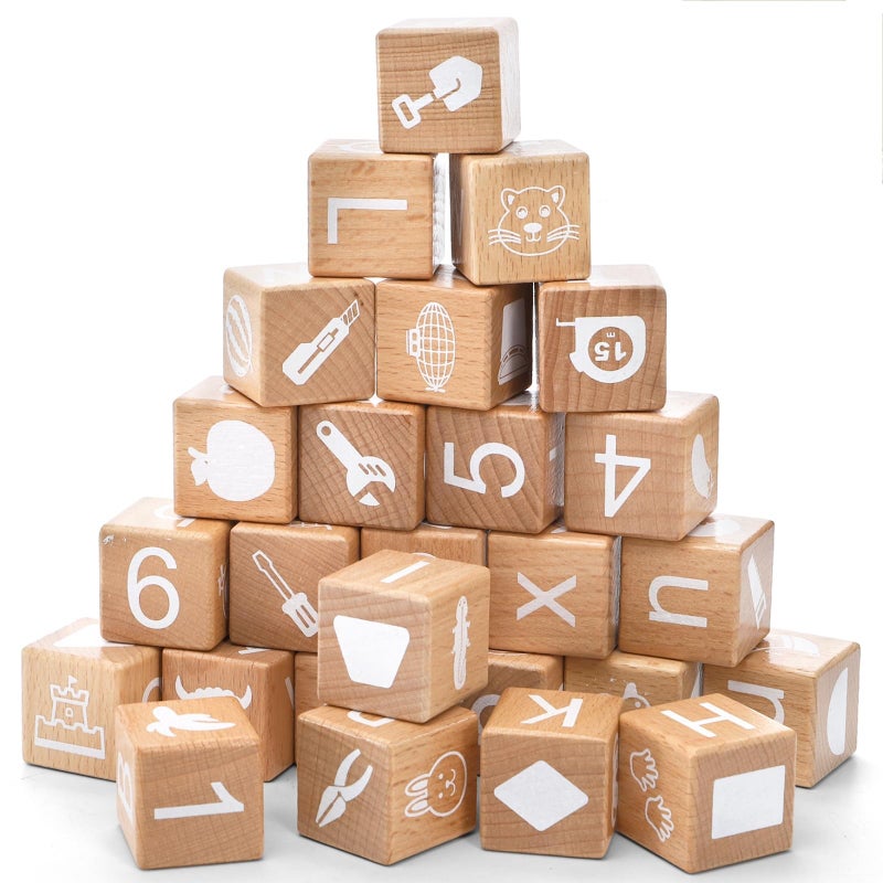 Peohud 26 PCS Wooden Alphabet Blocks Cute ABC Building Blocks for Kids Number Stacking Blocks Preschool Educational Learning Toys with Shapes Objects on Every Side for Boys Girls - Image 3
