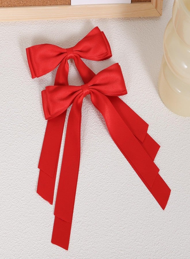 Miroksh 5.5" Hair Bow Clips for Women Girls, Red Silky Satin Ribbon Bow-Knot Alligator Barrettes with Long Tail,Valentines Ponytail Holder Accessories for Toddler Teens Kids - Image 2