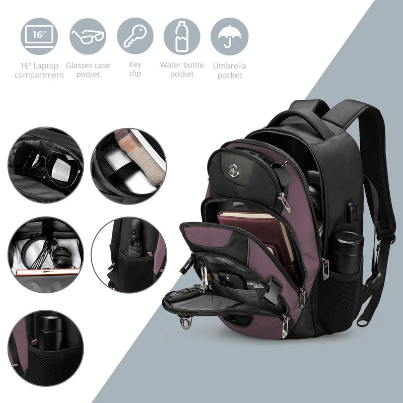 Swissdigital Design Laptop Backpack with USB Charging Port, Travel Backpack Fits 15.6 inches Computer, 31L College School Backpack for Women, Light Purple/Black | SD803-85 - Image 4