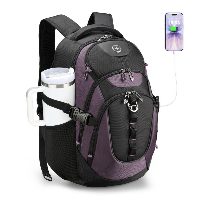 Swissdigital Design Laptop Backpack with USB Charging Port, Travel Backpack Fits 15.6 inches Computer, 31L College School Backpack for Women, Light Purple/Black | SD803-85 - Image 1