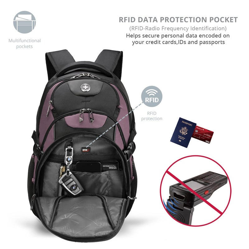 Swissdigital Design Laptop Backpack with USB Charging Port, Travel Backpack Fits 15.6 inches Computer, 31L College School Backpack for Women, Light Purple/Black | SD803-85 - Image 5