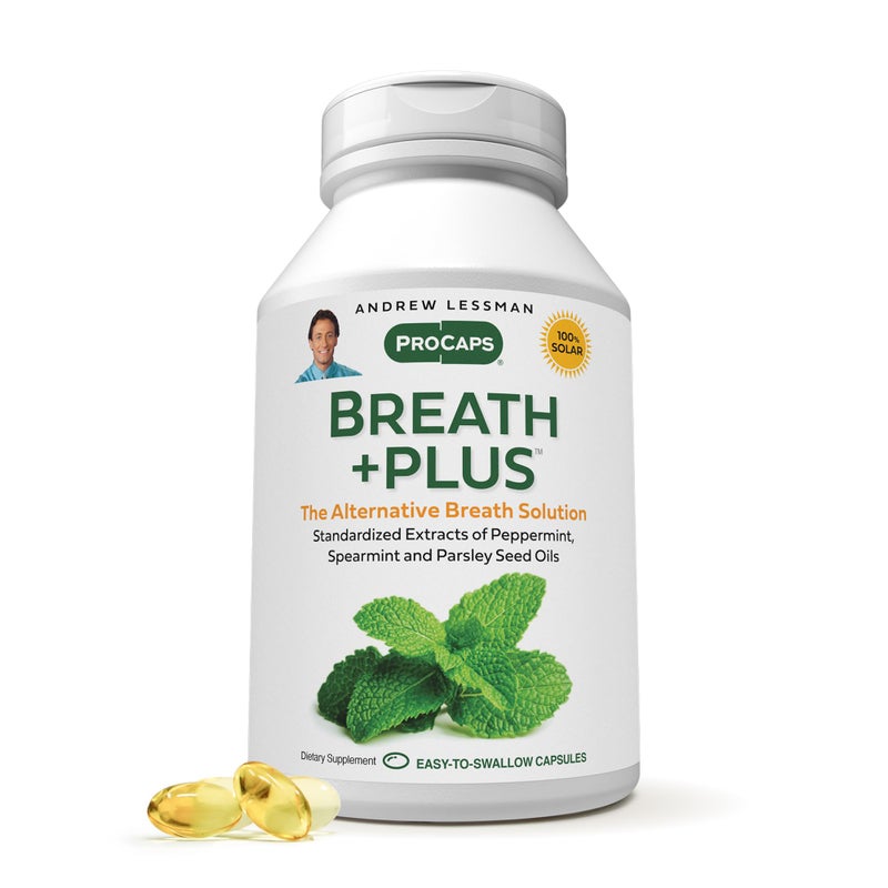 ANDREW LESSMAN Breath Plus 60 Softgels - Natural Breath Freshener, Helps Eliminate Odors from Food, Smoking, Morning Breath from The Inside Out. Peppermint, Spearmint. Easy to Swallow Softgels - Image 1