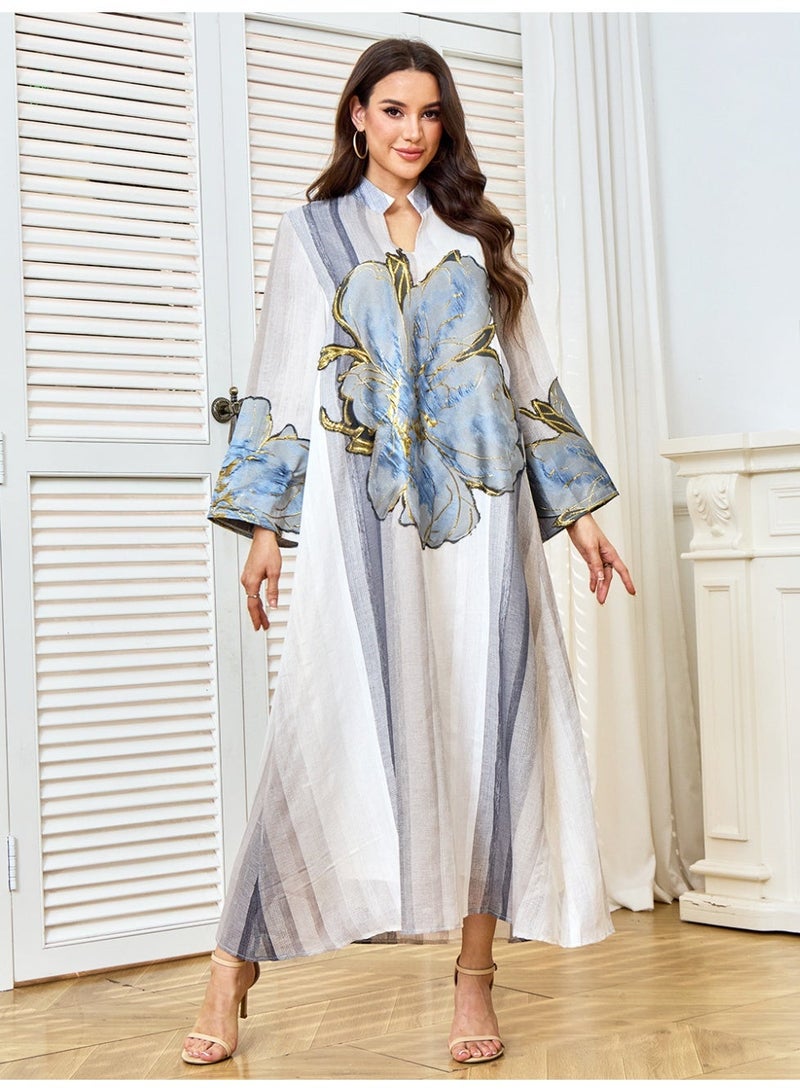 Kaiyuede Elegant Grey White Modest Abaya | Oversized Blue Floral Print Gold Outline V-Neck Loose Maxi Dress - Image 1