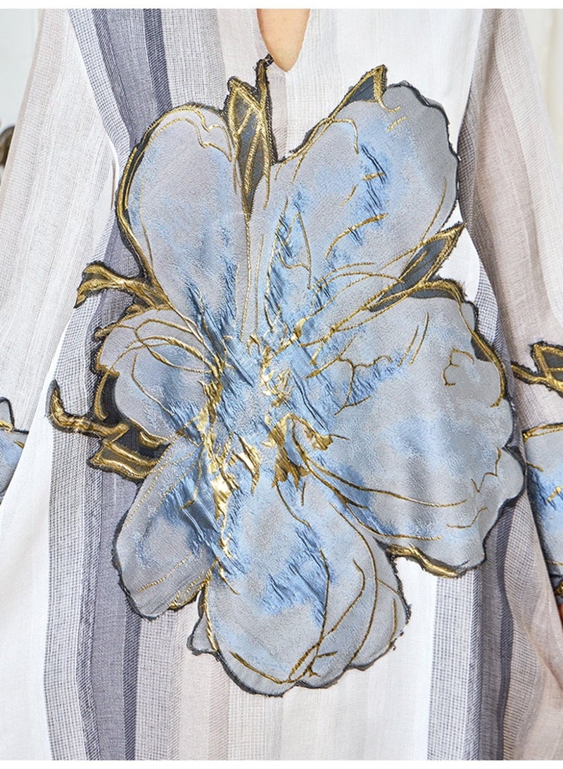 Kaiyuede Elegant Grey White Modest Abaya | Oversized Blue Floral Print Gold Outline V-Neck Loose Maxi Dress - Image 2