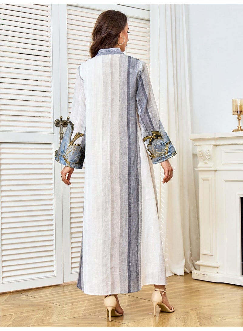 Kaiyuede Elegant Grey White Modest Abaya | Oversized Blue Floral Print Gold Outline V-Neck Loose Maxi Dress - Image 3