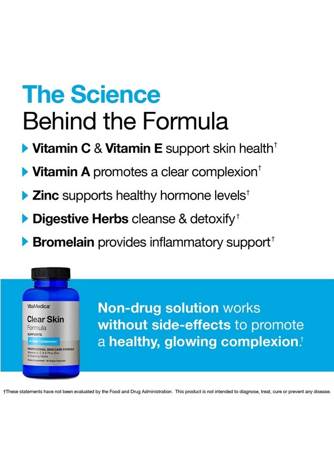 VitaMedica Clear Skin Vitamin Formula; Acne Treatment; Skin Care; Cleanse & Detoxify; Vitamin C A & E Plus Zinc; Bromelain; Chromium; Selenium; Collagen Support; For Women & Men; 60 Ct - Image 4