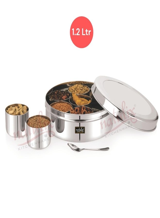 NATULIX Stainless Steel Masala Container | Masala box for Kitchen | Spice Box | Masala Dabba with 7 Containers and Small Spoon | Silver | Medium 17cm | 1.2 Ltr - Image 4