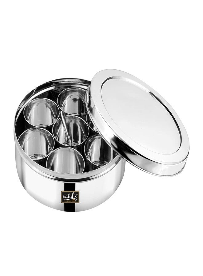 NATULIX Stainless Steel Masala Container | Masala box for Kitchen | Spice Box | Masala Dabba with 7 Containers and Small Spoon | Silver | Medium 17cm | 1.2 Ltr - Image 5