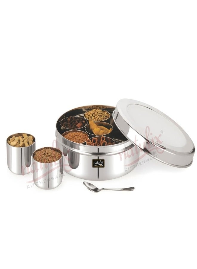 NATULIX Stainless Steel Masala Container | Masala box for Kitchen | Spice Box | Masala Dabba with 7 Containers and Small Spoon | Silver | Medium 17cm | 1.2 Ltr - Image 2