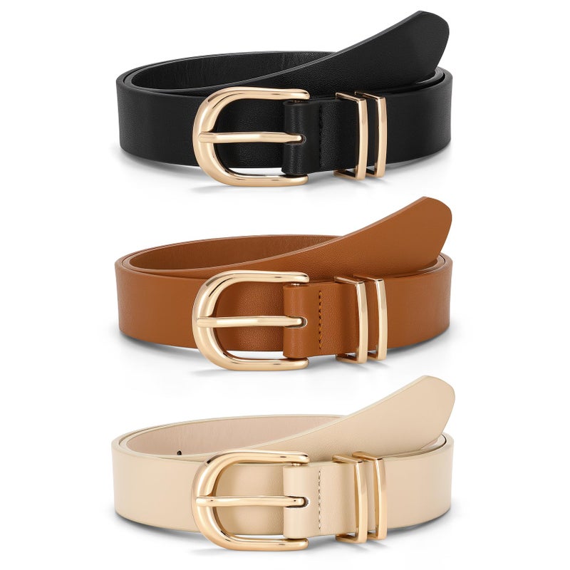 JASGOOD 3 Pack Women Belts For Jeans Dresses Pants Ladies Faux Leather Waist Belt with Gold Buckle(Black+Brown+Beige Gold Buckle) - Image 1