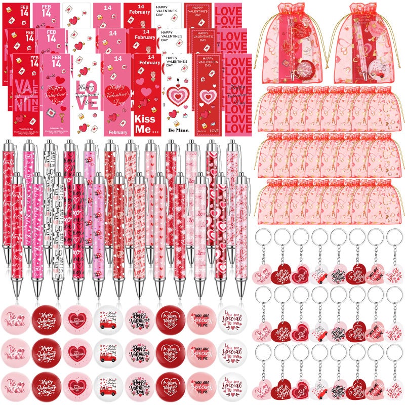 Jaloro 24 Set Valentine's Day Gifts Bulk with Pens, Keychains, Greeting Cards, Pins & Heart Organza Bags Coworker Valentine Gifts Bulk for Employees Party Exchange Gift - Image 1