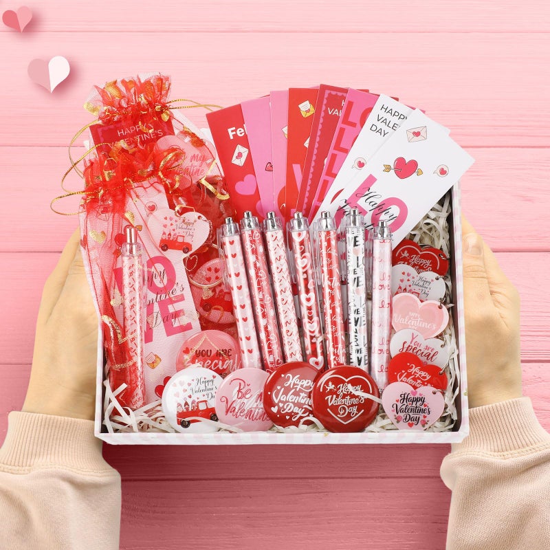 Jaloro 24 Set Valentine's Day Gifts Bulk with Pens, Keychains, Greeting Cards, Pins & Heart Organza Bags Coworker Valentine Gifts Bulk for Employees Party Exchange Gift - Image 4