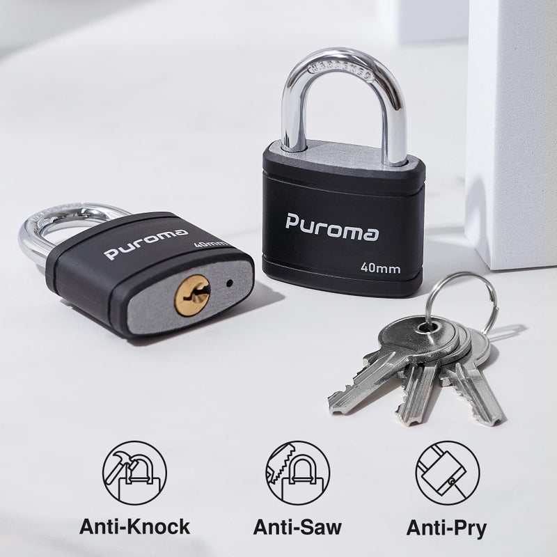 Puroma 2 Pack Keyed Padlock with 3 Keys Alike, 7/8 Inch Locker Lock 40mm Heavy-Duty Locks for Gate Fence Hasp Cabinet Toolbox School Gym Locker (Black) - Image 4