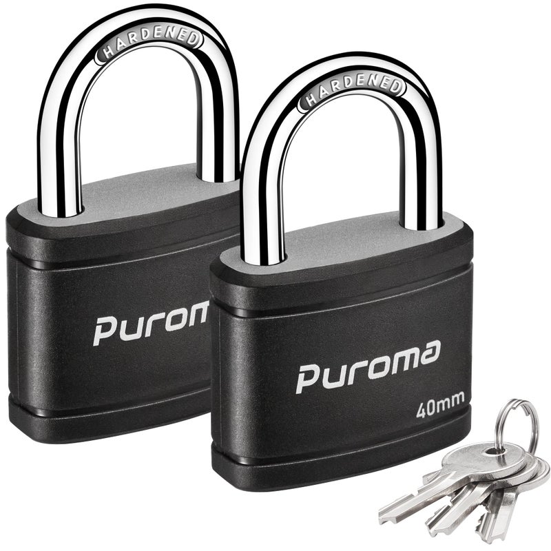 Puroma 2 Pack Keyed Padlock with 3 Keys Alike, 7/8 Inch Locker Lock 40mm Heavy-Duty Locks for Gate Fence Hasp Cabinet Toolbox School Gym Locker (Black) - Image 1