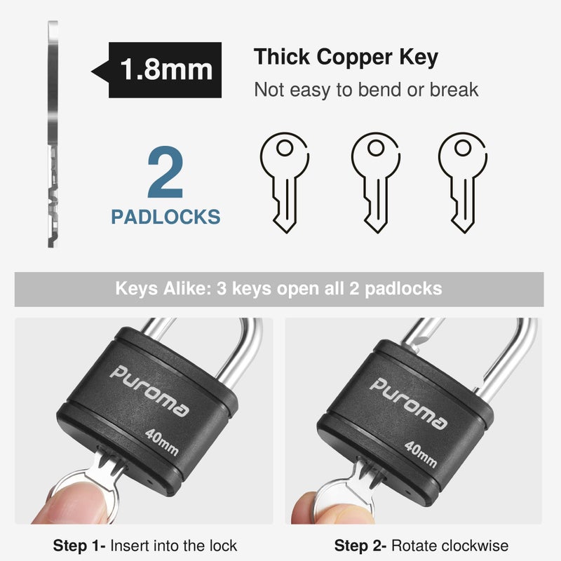 Puroma 2 Pack Keyed Padlock with 3 Keys Alike, 7/8 Inch Locker Lock 40mm Heavy-Duty Locks for Gate Fence Hasp Cabinet Toolbox School Gym Locker (Black) - Image 3