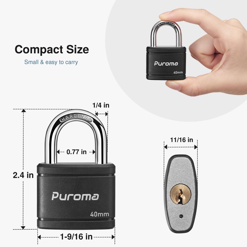 Puroma 2 Pack Keyed Padlock with 3 Keys Alike, 7/8 Inch Locker Lock 40mm Heavy-Duty Locks for Gate Fence Hasp Cabinet Toolbox School Gym Locker (Black) - Image 2