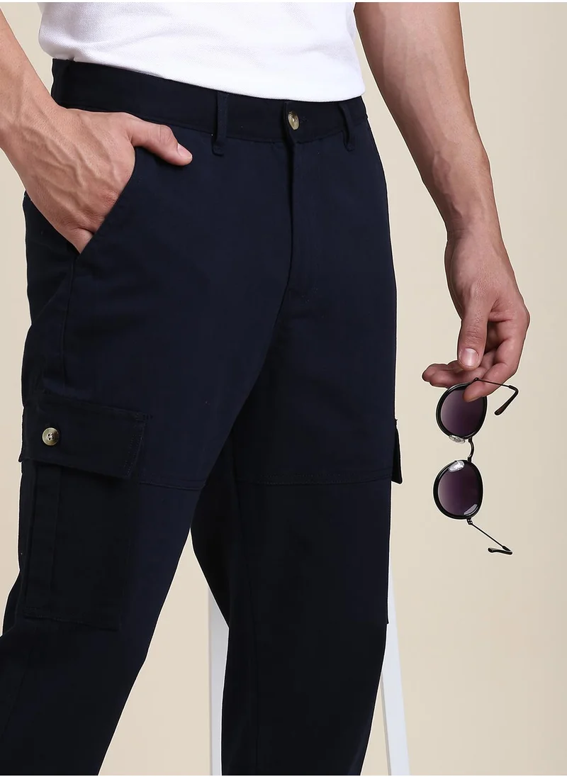 Dennis Lingo Navy Casual Trousers for Men - Slim Fit, Cotton Lycra