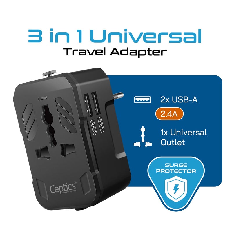Ceptics 3 in 1 Universal Charger Adapter – Universal Travel Adapter All in One with 2 USB-A Ports (2.4A), 100-250V Compatibility – Compact International Travel Adapter (White) - Image 2