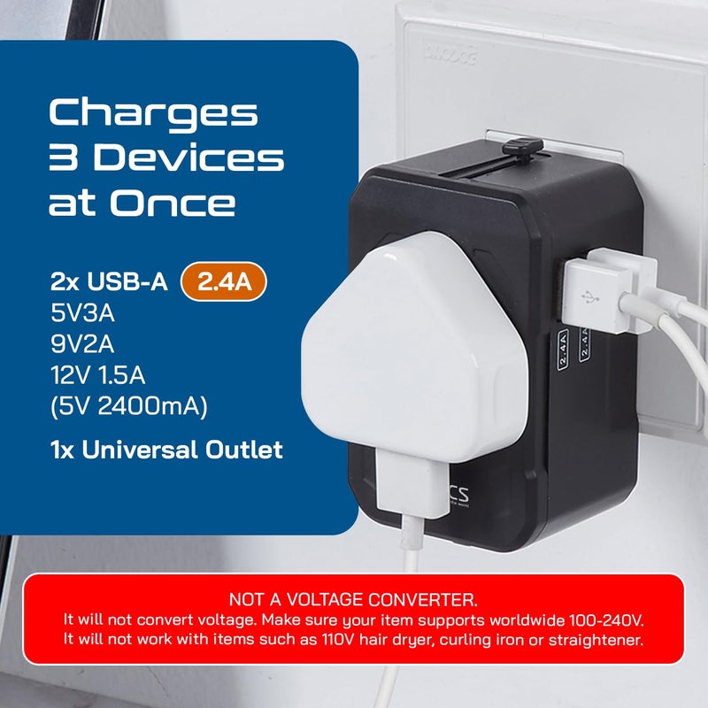 Ceptics 3 in 1 Universal Charger Adapter – Universal Travel Adapter All in One with 2 USB-A Ports (2.4A), 100-250V Compatibility – Compact International Travel Adapter (White) - Image 4