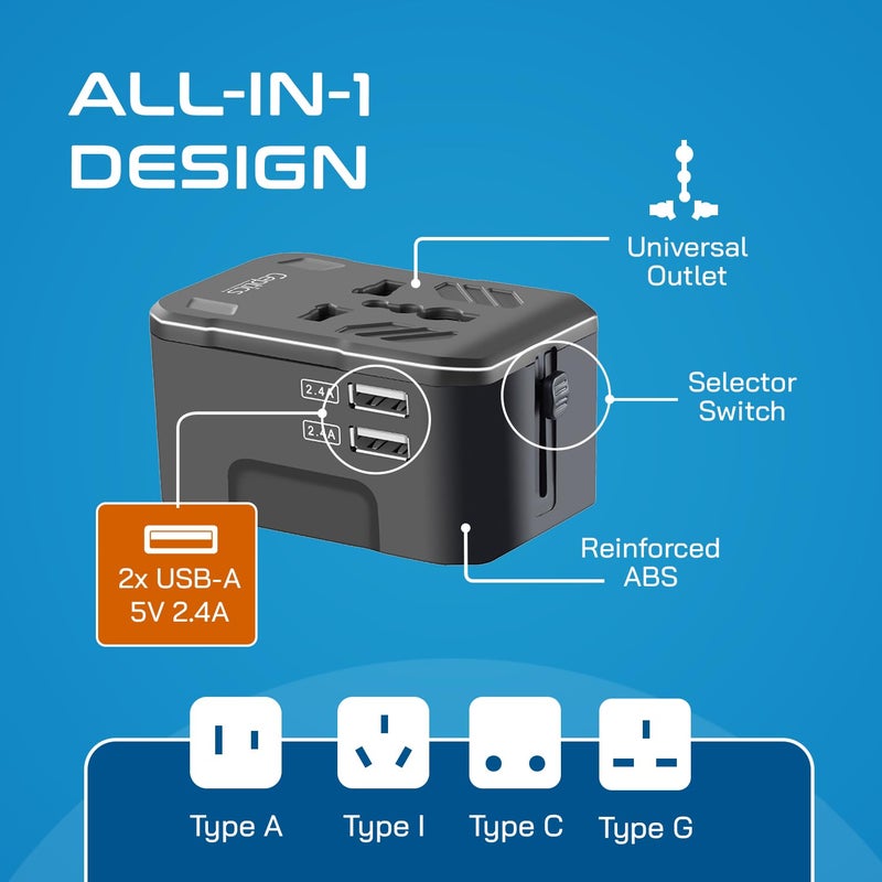 Ceptics 3 in 1 Universal Charger Adapter – Universal Travel Adapter All in One with 2 USB-A Ports (2.4A), 100-250V Compatibility – Compact International Travel Adapter (White) - Image 3