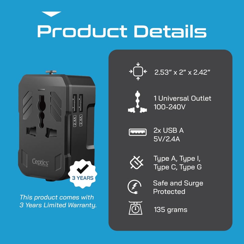 Ceptics 3 in 1 Universal Charger Adapter – Universal Travel Adapter All in One with 2 USB-A Ports (2.4A), 100-250V Compatibility – Compact International Travel Adapter (White) - Image 5