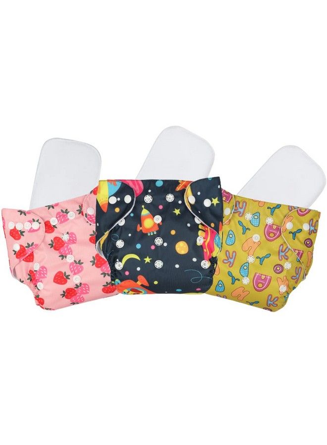 Chinmay Kids Combo Of Printed Cloth Diaper Reusable Washable Adjustable Snap Buttons Cloth Diaper For Babies (036 Months) With Wetfree Insert Pads (Pack Of 3) (Baby Pink Dark Blue Yellow) - Image 2