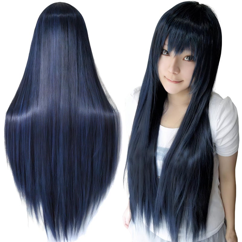 IMISSU 80cm Long Straight Natural Hair Cosplay Wigs with Bangs Colorful Halloween Costume Party Wig for Women Dark Blue - Image 2