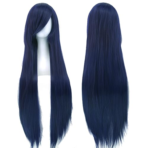 IMISSU 80cm Long Straight Natural Hair Cosplay Wigs with Bangs Colorful Halloween Costume Party Wig for Women Dark Blue - Image 3