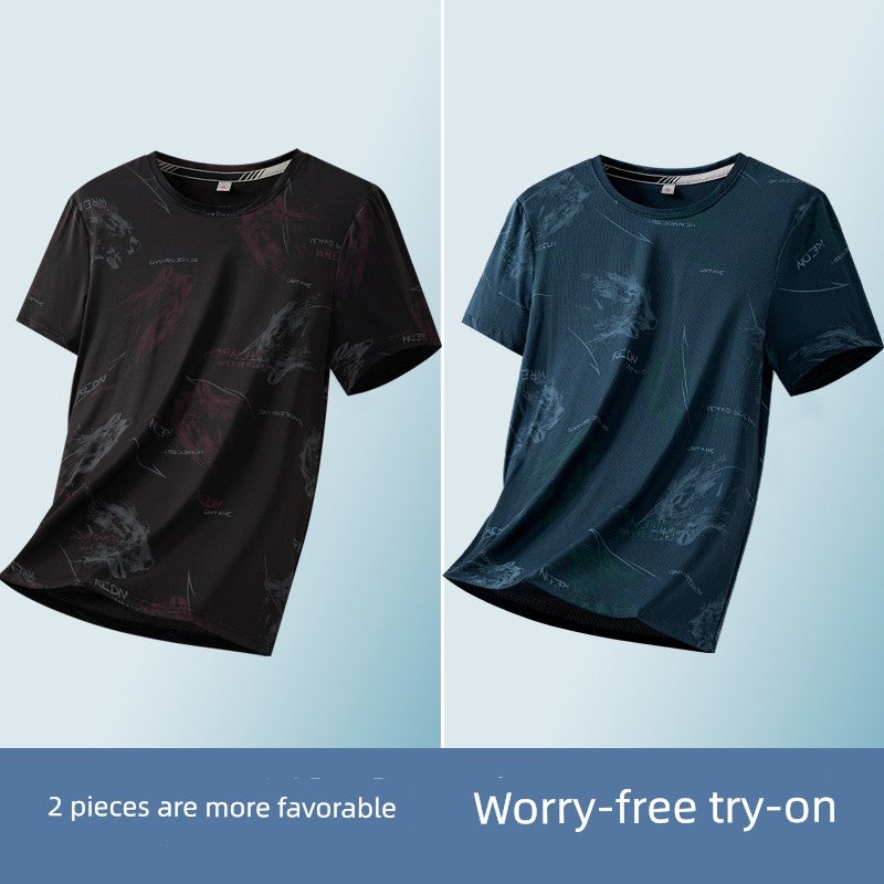 Ice silk short-sleeved T-shirt for men's summer thin trendy printed T-shirt, fashionable wrinkle-resistant ice-cold half-sleeved handsome top - Image 1