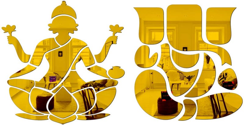 Bikri Kendra Bikri Kendra Glass Laxmi Ganesha Golden Round Mirror Stickers For Wall Acrylic Mirror Wall Decor Sticker Wall Mirror Stickers Acrylic Stickers Lotus Wall Stickers For Hall Room Bed Room Kitchen 