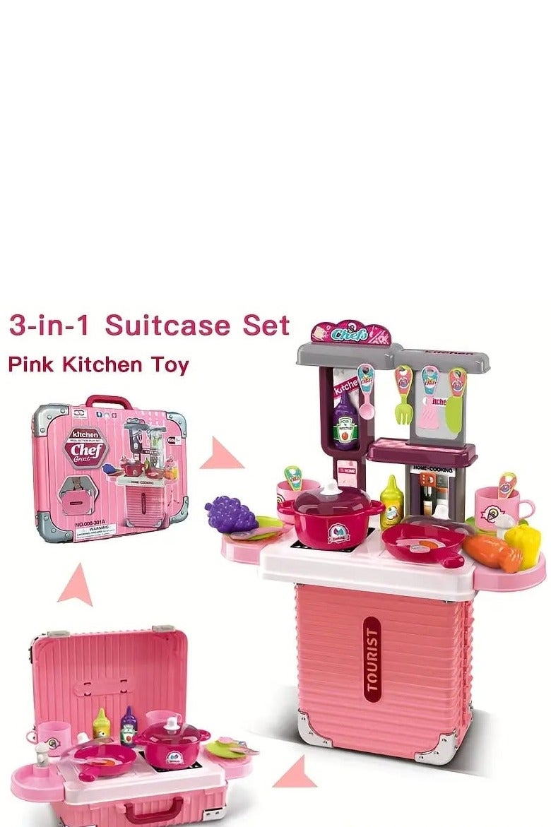 3-in-1 Portable Chef Kitchen Playset for Kids – Suitcase Style Pink Cooking Toy Set with Accessories – Simulated Role Play Kitchen Game - Image 1