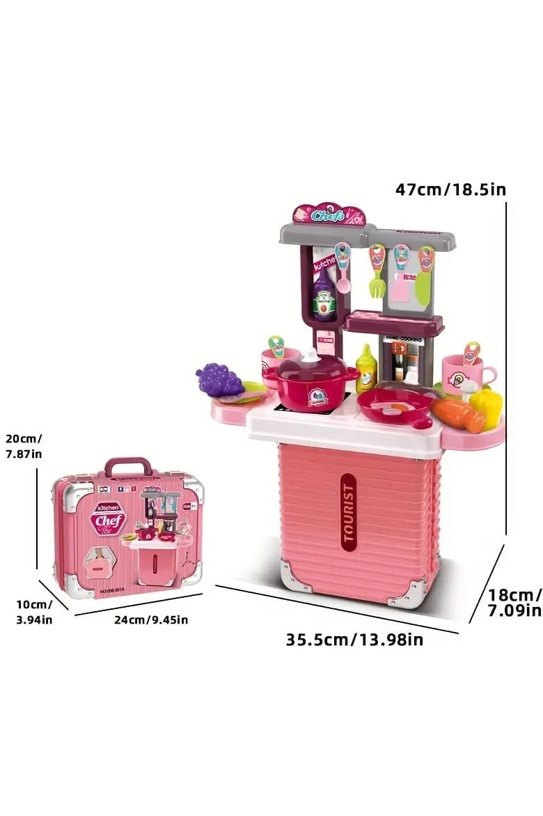3-in-1 Portable Chef Kitchen Playset for Kids – Suitcase Style Pink Cooking Toy Set with Accessories – Simulated Role Play Kitchen Game - Image 4