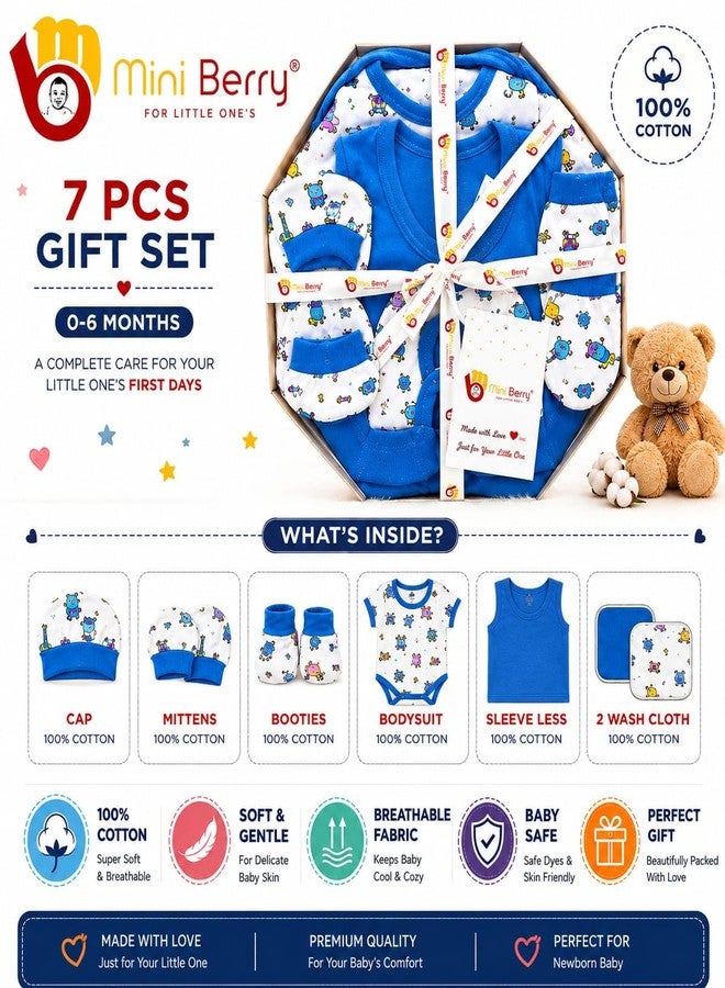 Mini Berry Newborn Baby Gift Set, Cotton, Blue Printed, Cap, Mittens & Booties, Unisex (Dark blue) - Image 3
