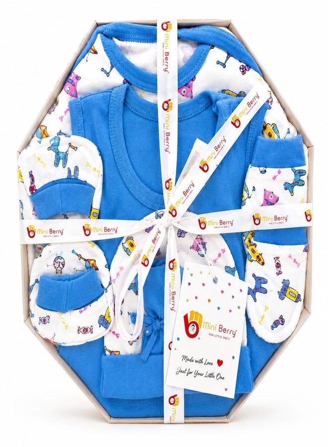 Mini Berry Newborn Baby Gift Set, Cotton, Blue Printed, Cap, Mittens & Booties, Unisex (Dark blue) - Image 1