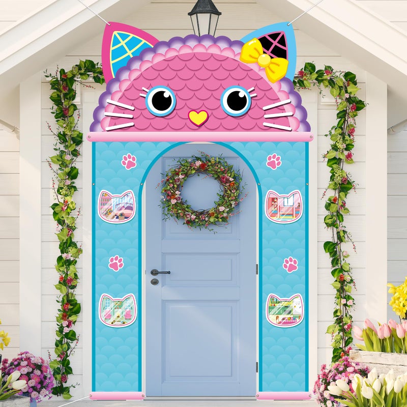 MinFyberd 3Pcs Cat House Themed Party Door Decorations Cartoon Doll Theme Porch Banner Cute Cartoon Cat Door Hanging Banner Kitten Party Porch Signs Backdrop for Kids Birthday Decoration Baby Shower Photo Props - Image 1