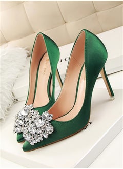 BIGTREE 10cm Rhinestone Slim Shallow Mouth Pointy Shiny Rhinestone Buckle Heels Green  - Image 1