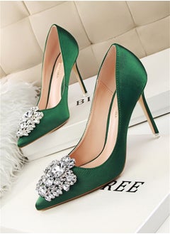 BIGTREE 10cm Rhinestone Slim Shallow Mouth Pointy Shiny Rhinestone Buckle Heels Green  - Image 2