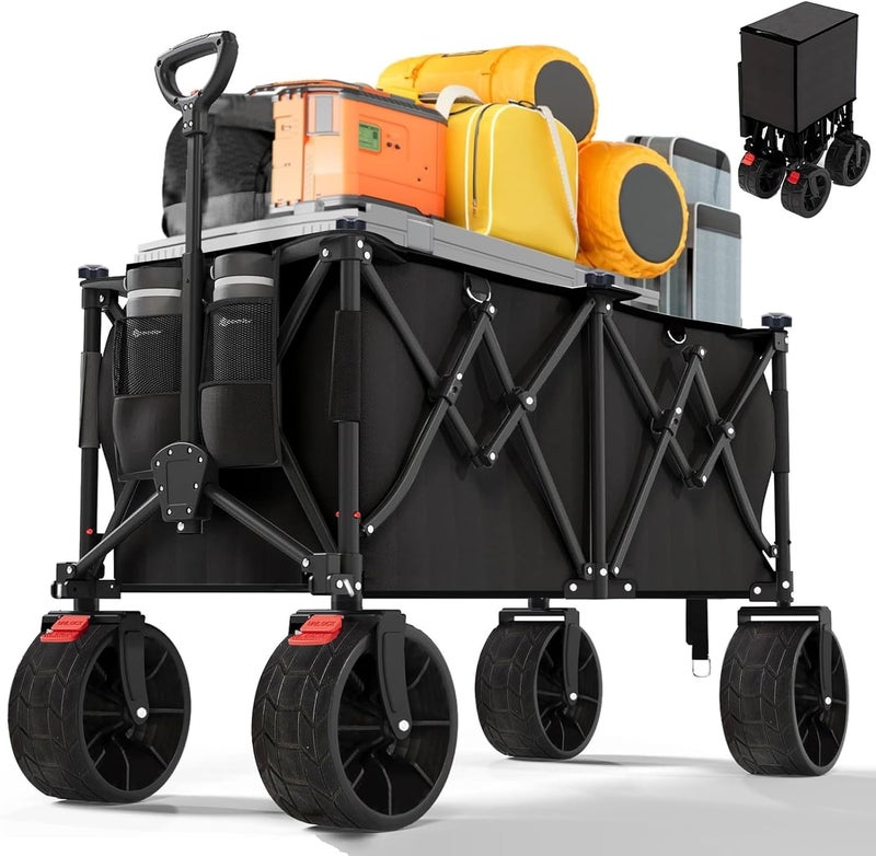 Pomefar 260L Collapsible Utility Wagon, Heavy Duty Foldable Garden/Beach Cart with 440lbs Weight Capacity, Outdoor Grocery Wagon with Adjustable Handle and Mesh Cup Holder and Brakes - Image 1