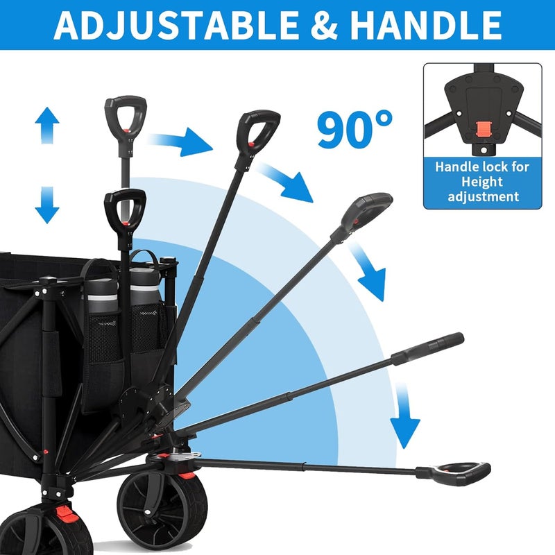 Pomefar 260L Collapsible Utility Wagon, Heavy Duty Foldable Garden/Beach Cart with 440lbs Weight Capacity, Outdoor Grocery Wagon with Adjustable Handle and Mesh Cup Holder and Brakes - Image 4