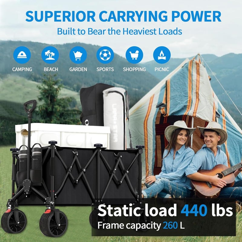 Pomefar 260L Collapsible Utility Wagon, Heavy Duty Foldable Garden/Beach Cart with 440lbs Weight Capacity, Outdoor Grocery Wagon with Adjustable Handle and Mesh Cup Holder and Brakes - Image 2