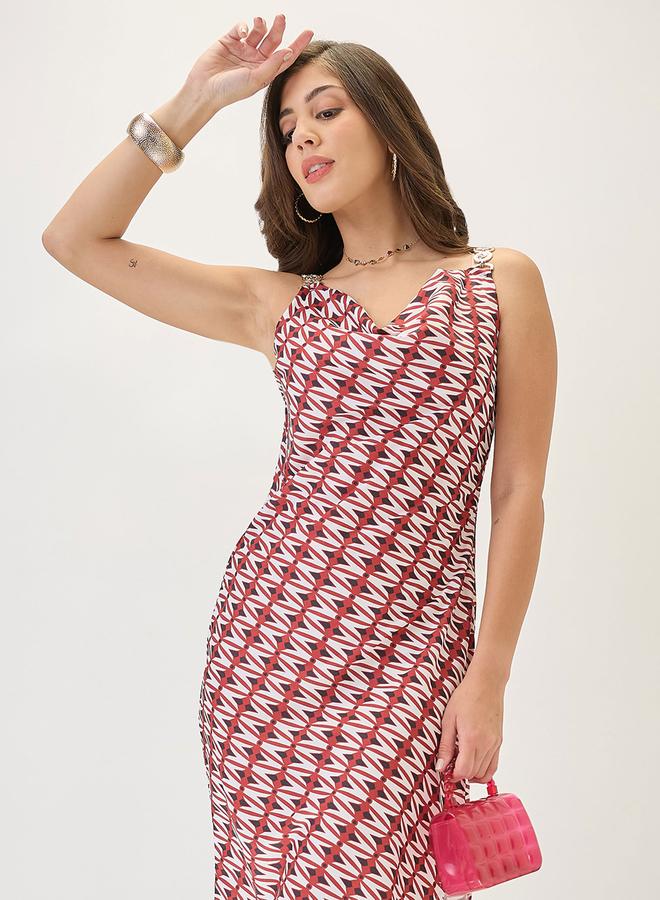 globus Red Cowl Neck Side Slits Sheath Midi Dress - Image 5