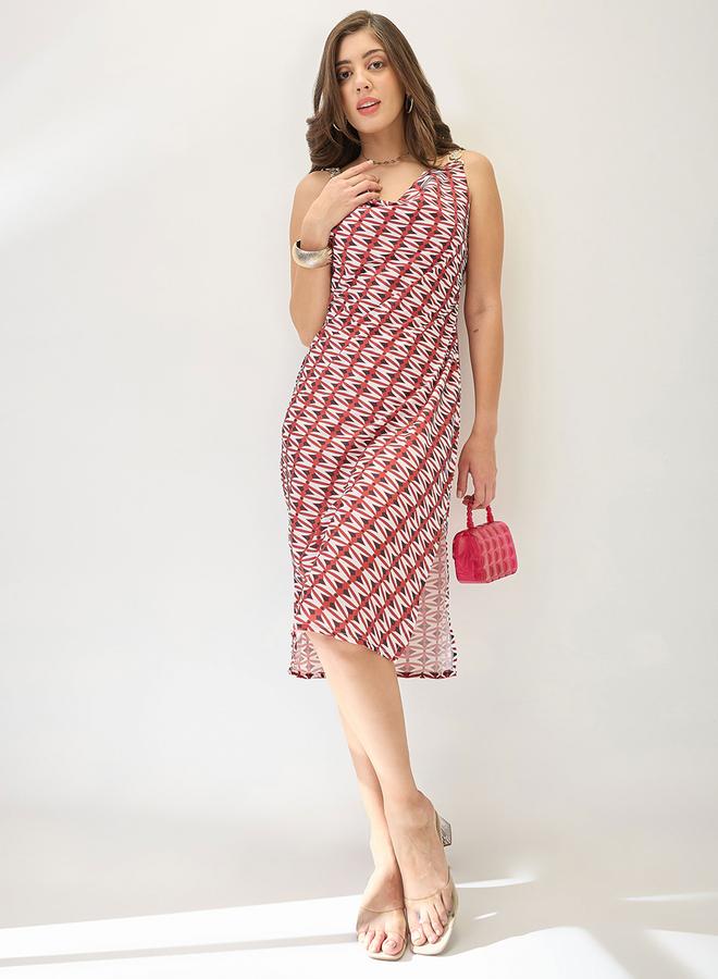 globus Red Cowl Neck Side Slits Sheath Midi Dress - Image 1