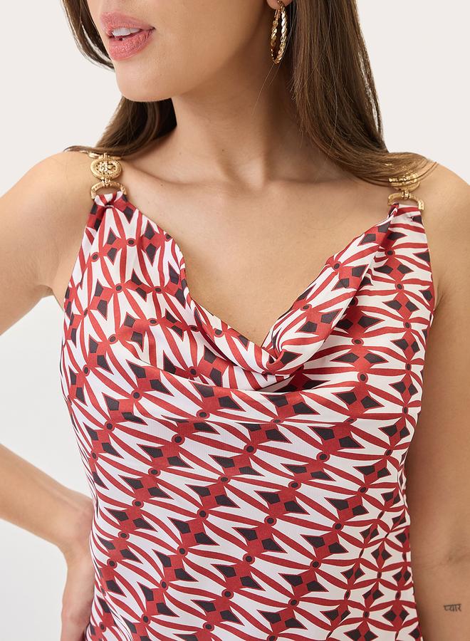 globus Red Cowl Neck Side Slits Sheath Midi Dress - Image 4