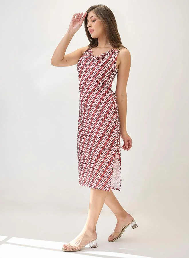 globus Red Cowl Neck Side Slits Sheath Midi Dress