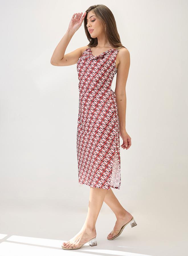 globus Red Cowl Neck Side Slits Sheath Midi Dress - Image 2