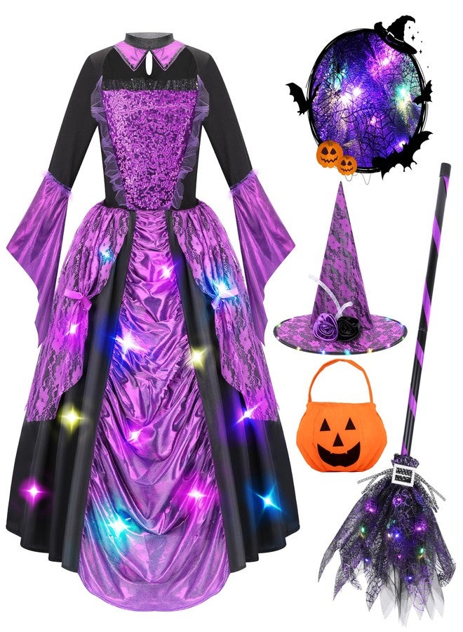 Meland Witch Costume for Girls - Light up Halloween Costumes for Kids Girl Dress up, Witch Dress for Toddler Girls Ages 3-10(M,5-6 Years) - Image 1