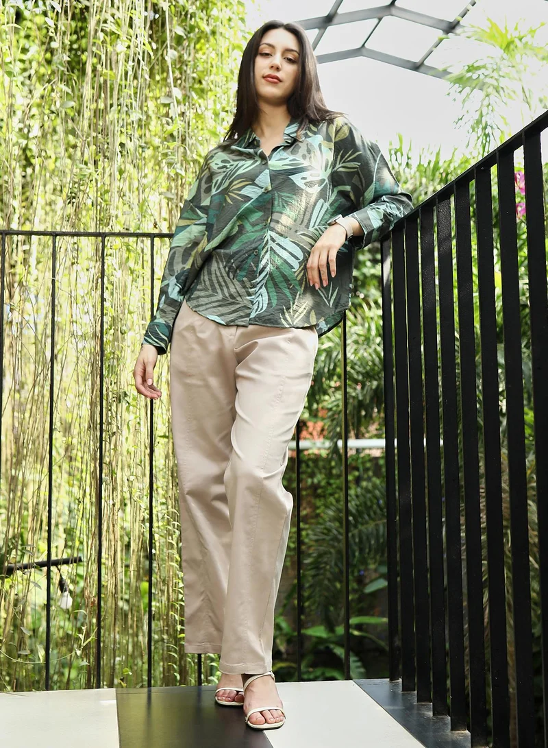 PINACOLADA  Women's Forest Green Jungle-Foliage Imprint Oversized Shirt for Women | Best Price UAE